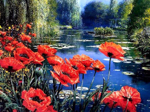 Poppy Flowers on Lake-5D DIY Diamond Painting , Diamond Painting kit